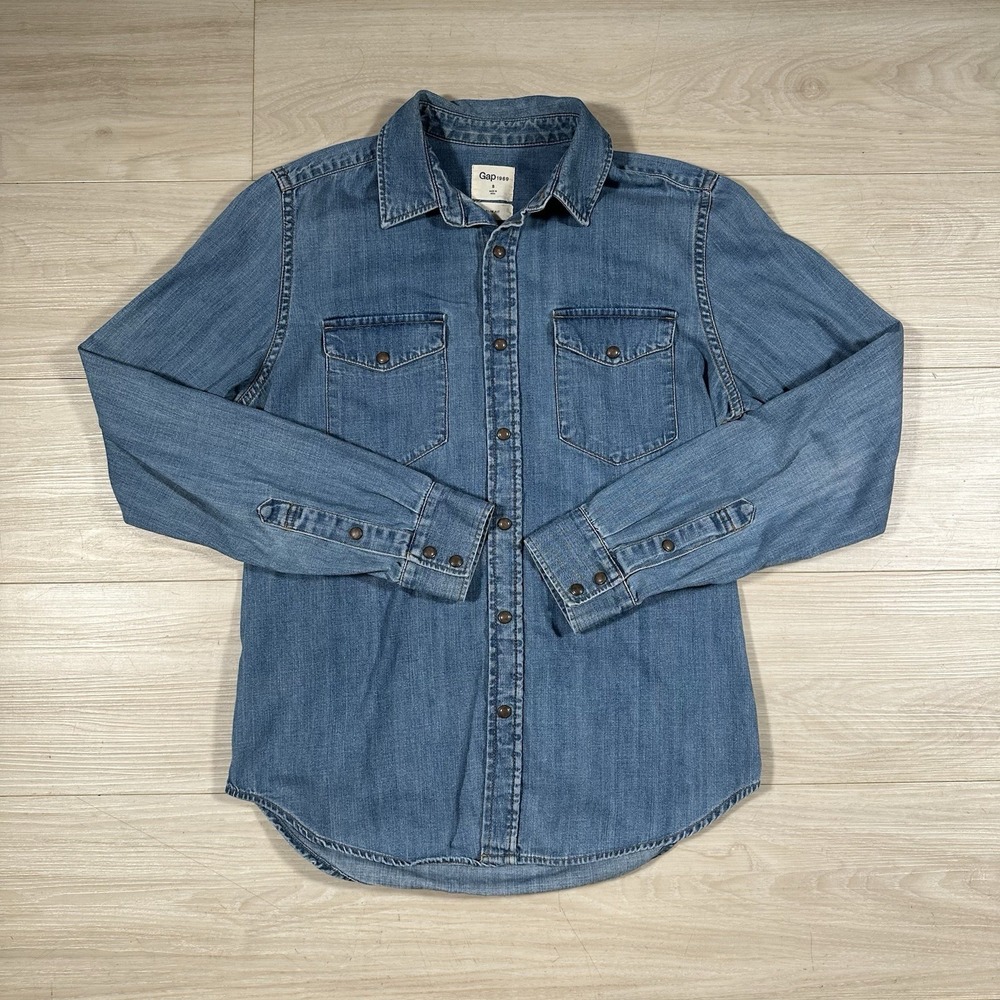 Gap 1969 Denim Western Shirt Mens Small Blue Slim Fit Snap Front Long Sleeve